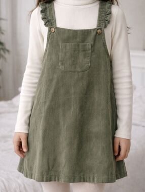 Olive Green Corduroy Pinafore Overall Dress 6X Adjustable Strap Bib Pocket A-Lin